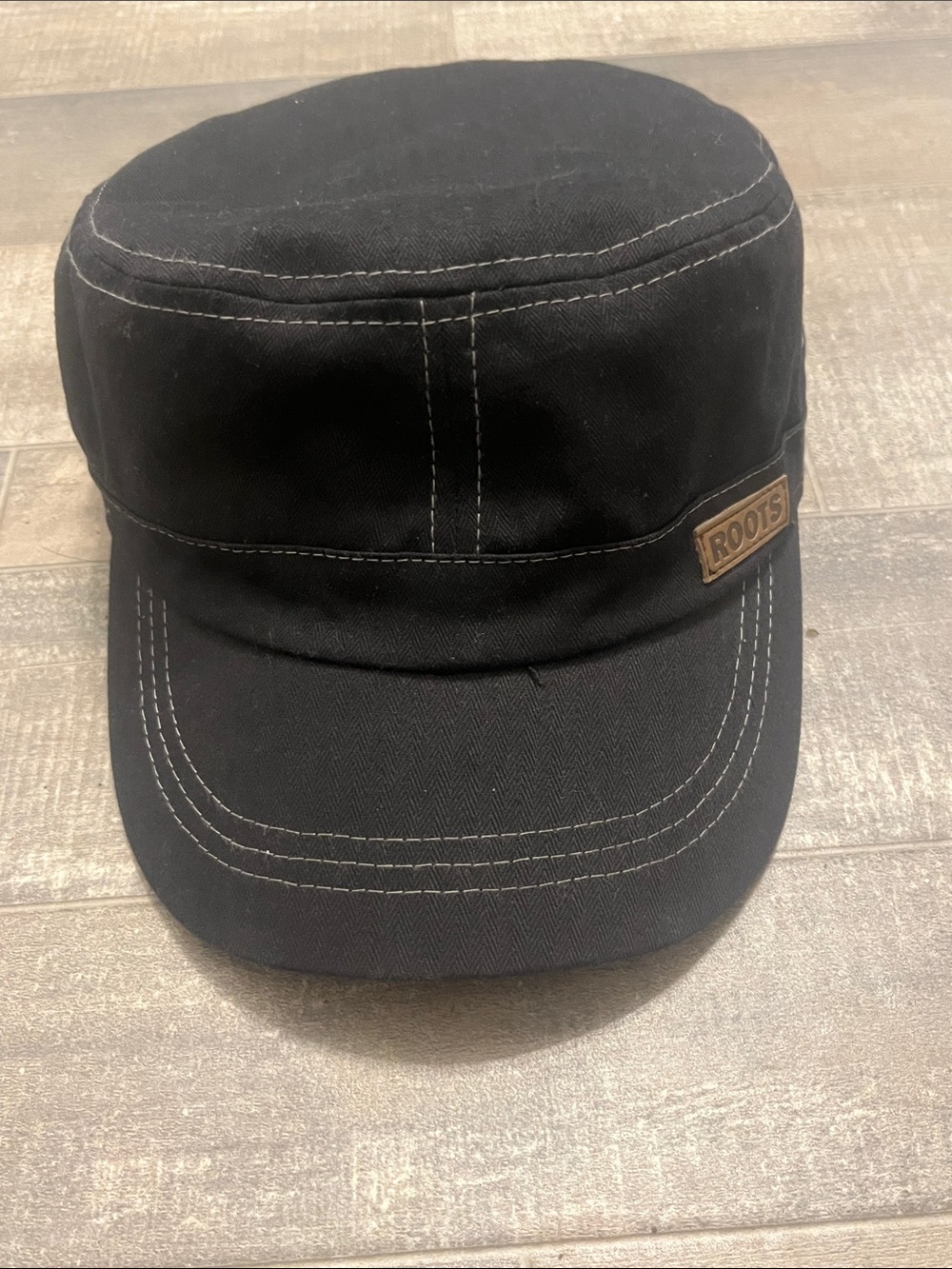 Roots Black Military-Style Cotton Cap with Contrast Stitching